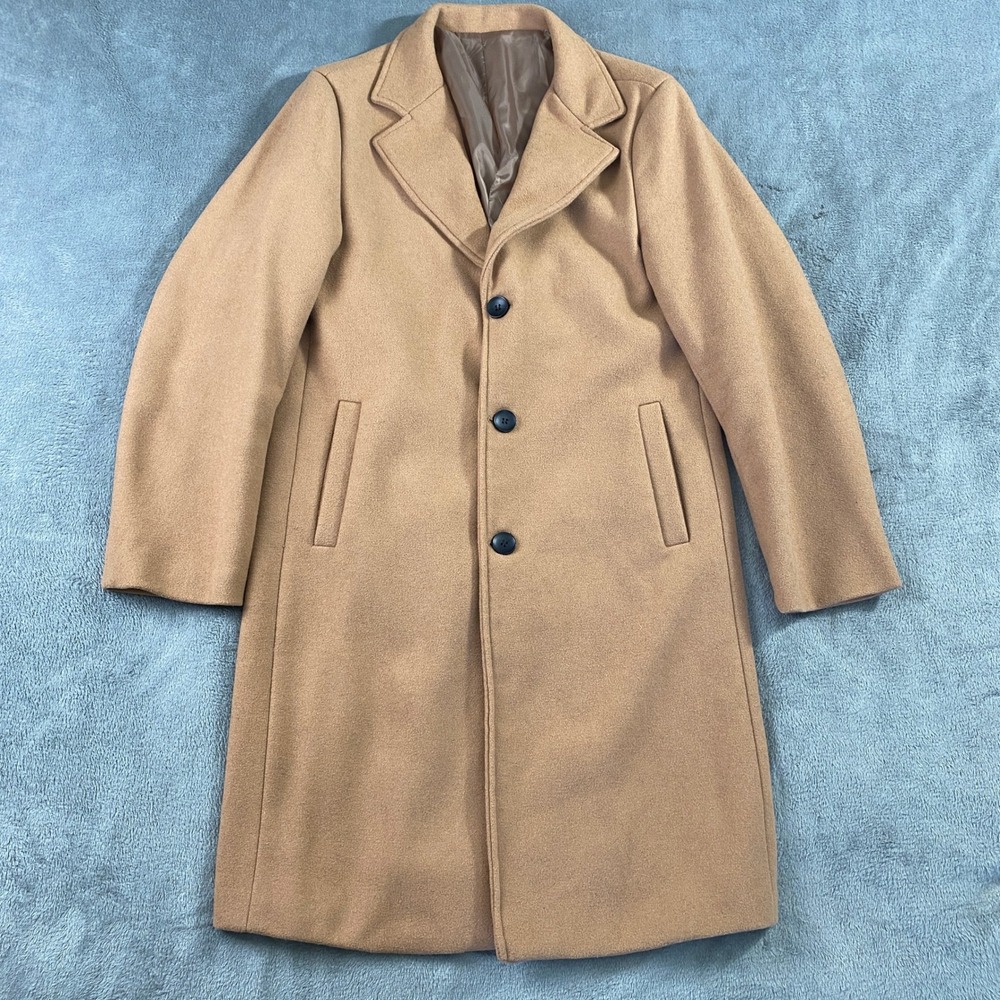 Mens Wool Blend Trench Coat Small Overcoat Camel Tan 3-Button Long Jingpin Fushi